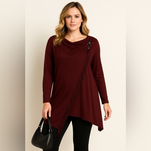 New York & Company Wine/Burgundy Fringed Pull-on Sweater Wrap Cotton-blend. L - Picture 1 of 7
